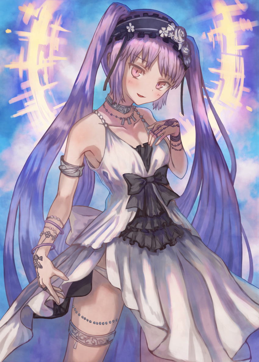 1girl absurdres bare_shoulders black_bow blush bow breasts cleavage collarbone commentary_request dress euryale eyebrows_visible_through_hair fate/grand_order fate_(series) hairband headdress highres jewelry long_hair looking_at_viewer necklace parted_lips purple_hair sleeveless sleeveless_dress solo twintails very_long_hair violet_eyes white_dress wristband yorishiem