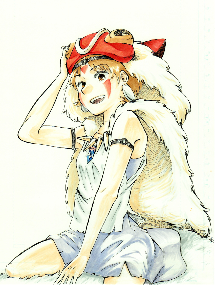 1girl absurdres ballpoint_pen_(medium) bare_arms breasts brown_hair commentary_request earrings facepaint facial_mark fur headband highres jewelry kyunta looking_at_viewer marker_(medium) mask mononoke_hime necklace san short_hair simple_background smile solo studio_ghibli tooth_necklace traditional_media white_background