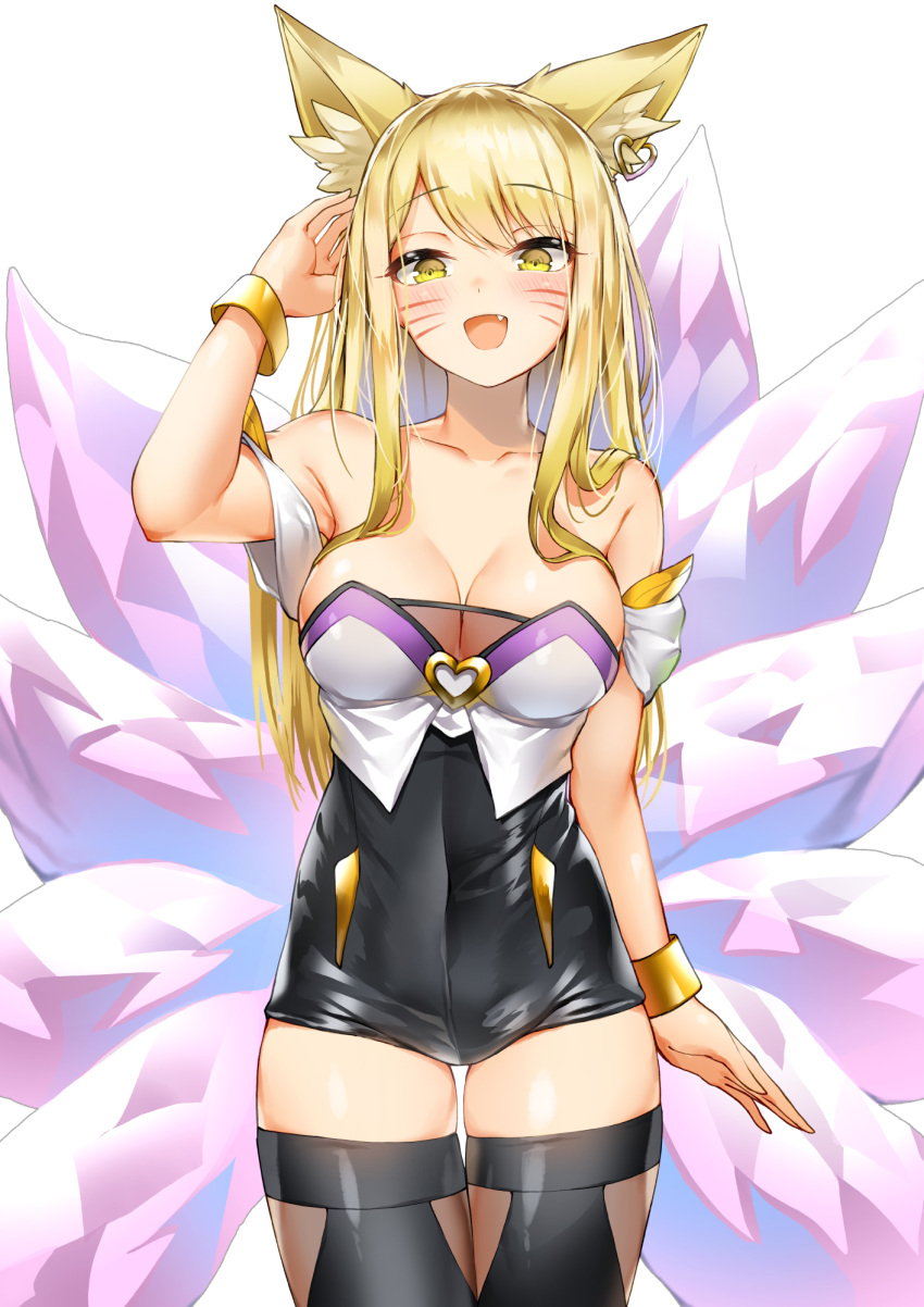 1girl :d ahri animal_ear_fluff animal_ears arm_up bangs black_dress black_legwear blonde_hair blush breasts cleavage collarbone commentary dress ear_piercing eyebrows_visible_through_hair fang fox_ears fox_girl fox_tail heart highres k/da_(league_of_legends) k/da_ahri kyuubi large_breasts league_of_legends lee_seok_ho long_hair looking_at_viewer multiple_tails open_mouth piercing simple_background skindentation smile solo strapless strapless_dress tail thigh-highs thigh_gap very_long_hair whisker_markings white_background yellow_eyes