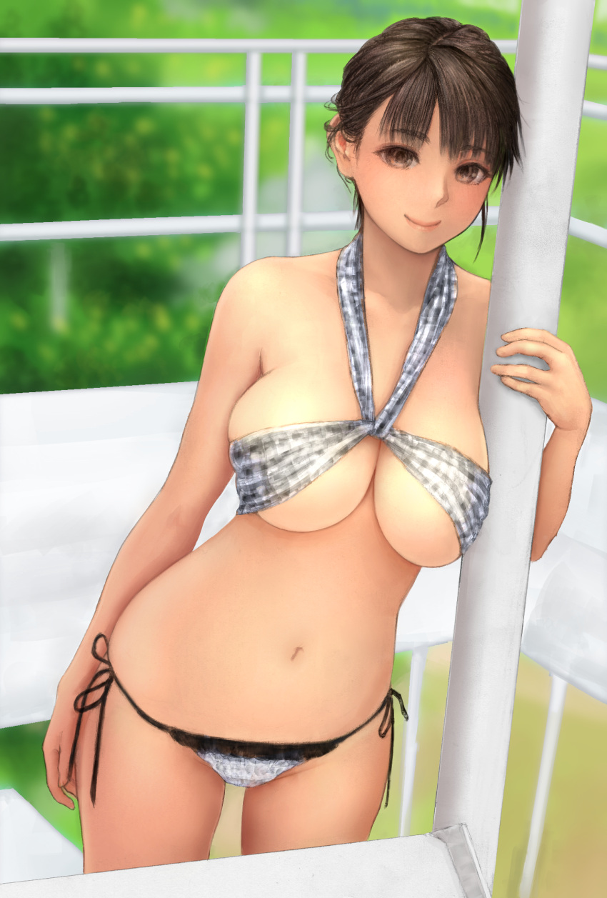 1girl arm_at_side bangs bare_shoulders bikini blunt_bangs breasts brown_eyes brown_hair cleavage closed_mouth collarbone commentary_request cowboy_shot day eyebrows_visible_through_hair halterneck highres large_breasts looking_at_viewer midriff mitsu_(komainumilk) navel original outdoors short_hair side-tie_bikini skindentation smile solo standing stomach swimsuit under_boob white_bikini