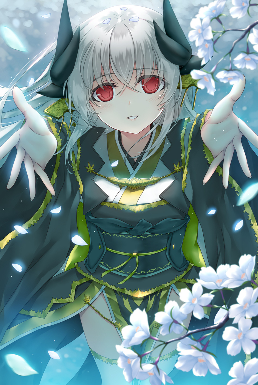 1girl cherry_blossoms dragon_girl dragon_horns empty_eyes eyebrows_visible_through_hair fate/grand_order fate_(series) flower grey_hair highres horns japanese_clothes kimono kiyohime_(fate/grand_order) long_hair morizono_shiki nature obi red_eyes sash shaded_face smile solo tree_branch yandere