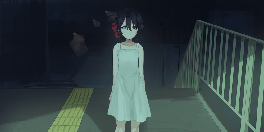 1girl arms_at_sides bangs bare_arms bare_shoulders black_hair blue_eyes bow chihuri closed_mouth collarbone dress eyebrows_visible_through_hair hair_between_eyes hair_bow looking_at_viewer original railing red_bow sleeveless sleeveless_dress solo standing white_dress