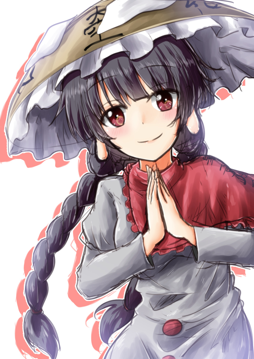 1girl ajirogasa bangs black_hair blush braid breasts brown_headwear capelet commentary_request dress earlobes eyebrows_visible_through_hair grey_dress hat highres juliet_sleeves long_hair long_sleeves looking_at_viewer medium_breasts oshiaki own_hands_together palms_together puffy_sleeves red_capelet red_eyes silhouette simple_background smile snow solo touhou translation_request twin_braids upper_body white_background yatadera_narumi