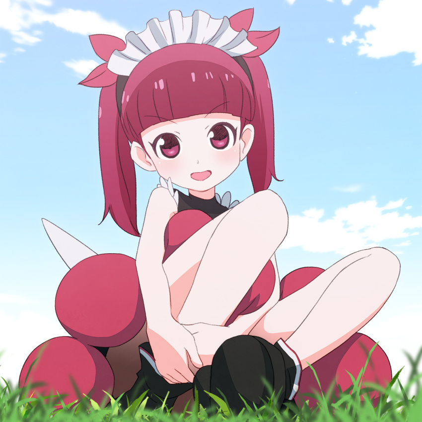 1girl :d bangs bare_arms bare_shoulders black_footwear blue_sky blunt_bangs bonnet clouds commentary_request day eyebrows_visible_through_hair full_body grass highres kemurikusa leg_hug long_hair looking_at_viewer open_mouth outdoors pink_eyes pink_hair rina_(kemurikusa) sat-c sitting sky sleeveless smile solo twintails v-shaped_eyebrows