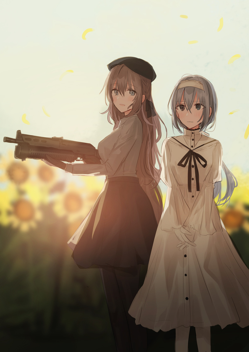 2girls :d beret black_headwear black_legwear black_ribbon black_skirt blue_eyes blue_sky blurry blurry_background blush breasts brown_hair chihuri collared_shirt cosplay costume_switch day depth_of_field dress flower gloves grey_eyes grey_hair grey_shirt gun hairband hat highres holding holding_gun holding_weapon juliet_sleeves long_sleeves medium_breasts multiple_girls neck_ribbon open_mouth original outdoors pantyhose parted_lips petals puffy_sleeves ribbon shirt skirt sky sleeves_past_wrists small_breasts smile sunflower weapon white_dress white_gloves white_hairband white_legwear wide_sleeves yellow_flower