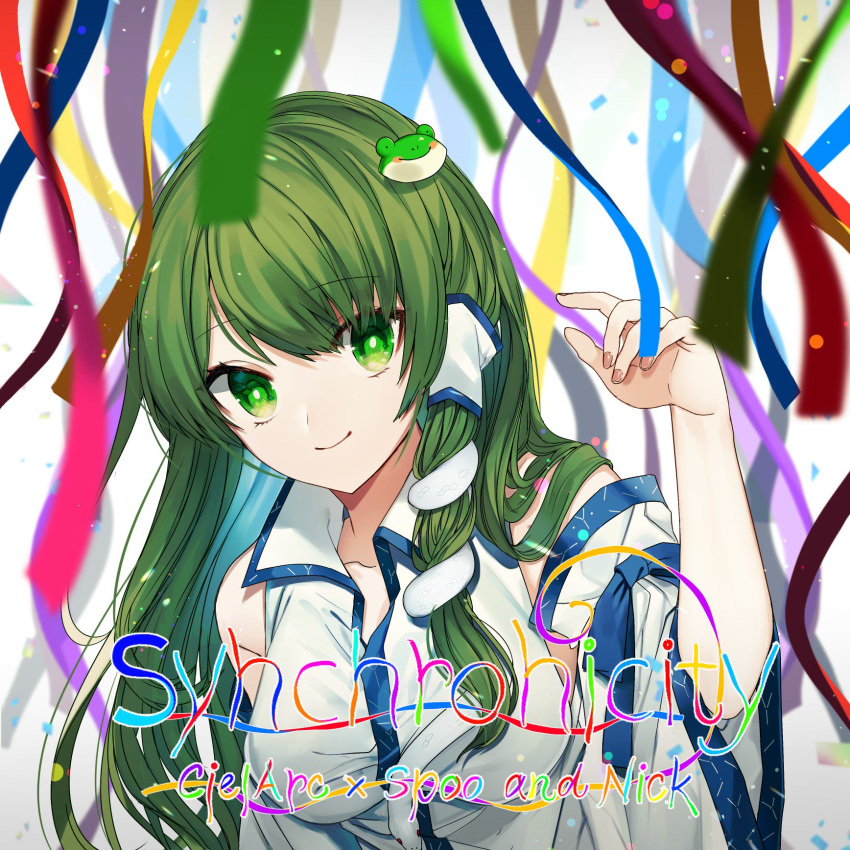 1girl bangs bare_shoulders blue_ribbon breasts collarbone commentary_request confetti daimaou_ruaeru detached_sleeves eyebrows_visible_through_hair frog_hair_ornament gradient gradient_background green_eyes green_hair green_ribbon grey_background hair_ornament hand_up highres kochiya_sanae light_particles long_hair long_sleeves looking_at_viewer medium_breasts nail_polish pink_nails pink_ribbon purple_ribbon red_ribbon ribbon shirt single_sidelock smile snake_hair_ornament solo touhou upper_body white_background white_shirt wide_sleeves yellow_ribbon