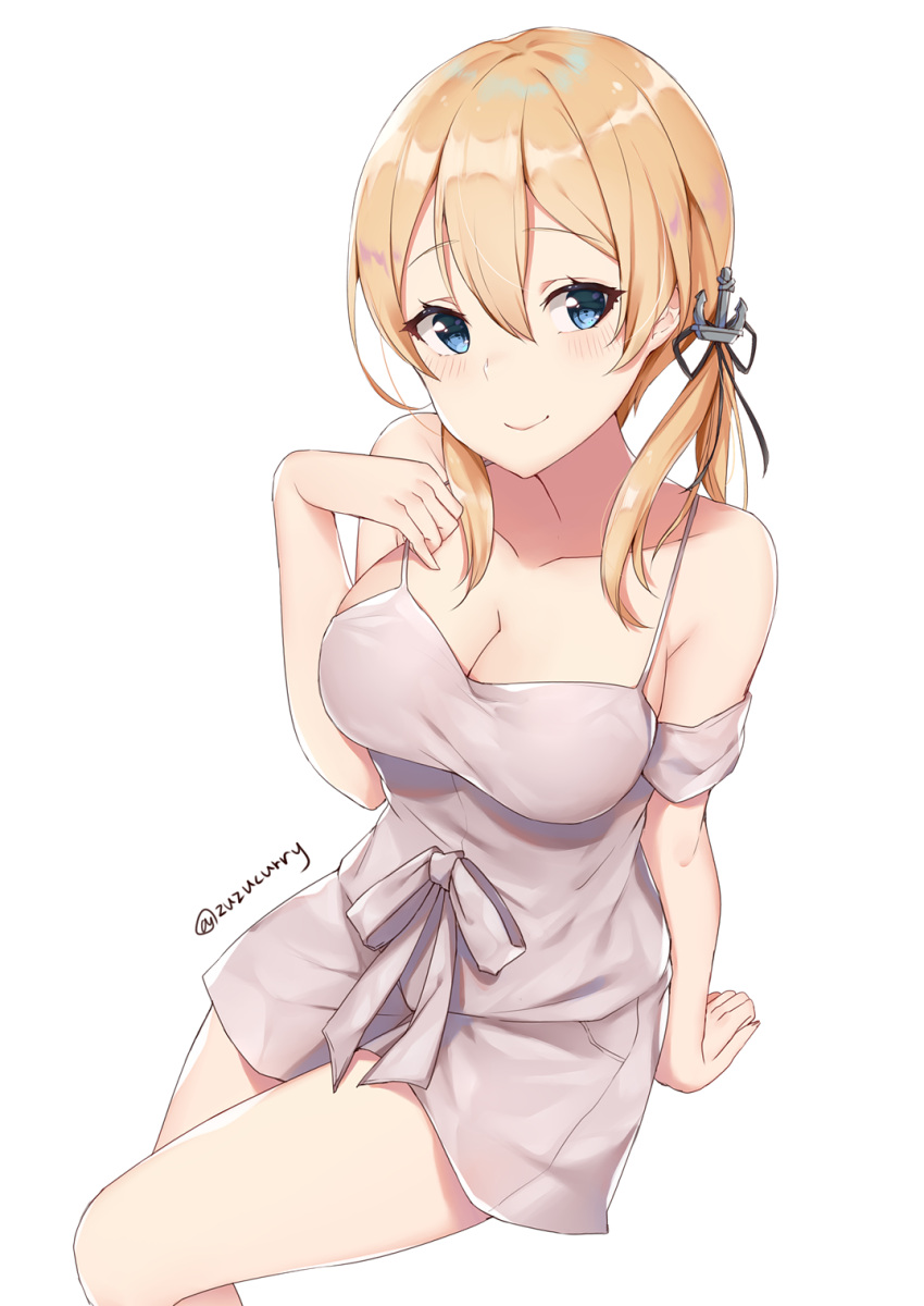 1girl anchor_hair_ornament aqua_eyes arm_support bangs bare_arms bare_shoulders black_ribbon blonde_hair blush breasts cleavage closed_mouth collarbone dress grey_dress hair_between_eyes hair_ornament hair_ribbon hand_up highres kantai_collection large_breasts low_twintails off-shoulder_dress off_shoulder prinz_eugen_(kantai_collection) ribbon short_dress sidelocks simple_background sitting smile solo spaghetti_strap thighs twintails twitter_username white_background zhi_zhi/zu_zu