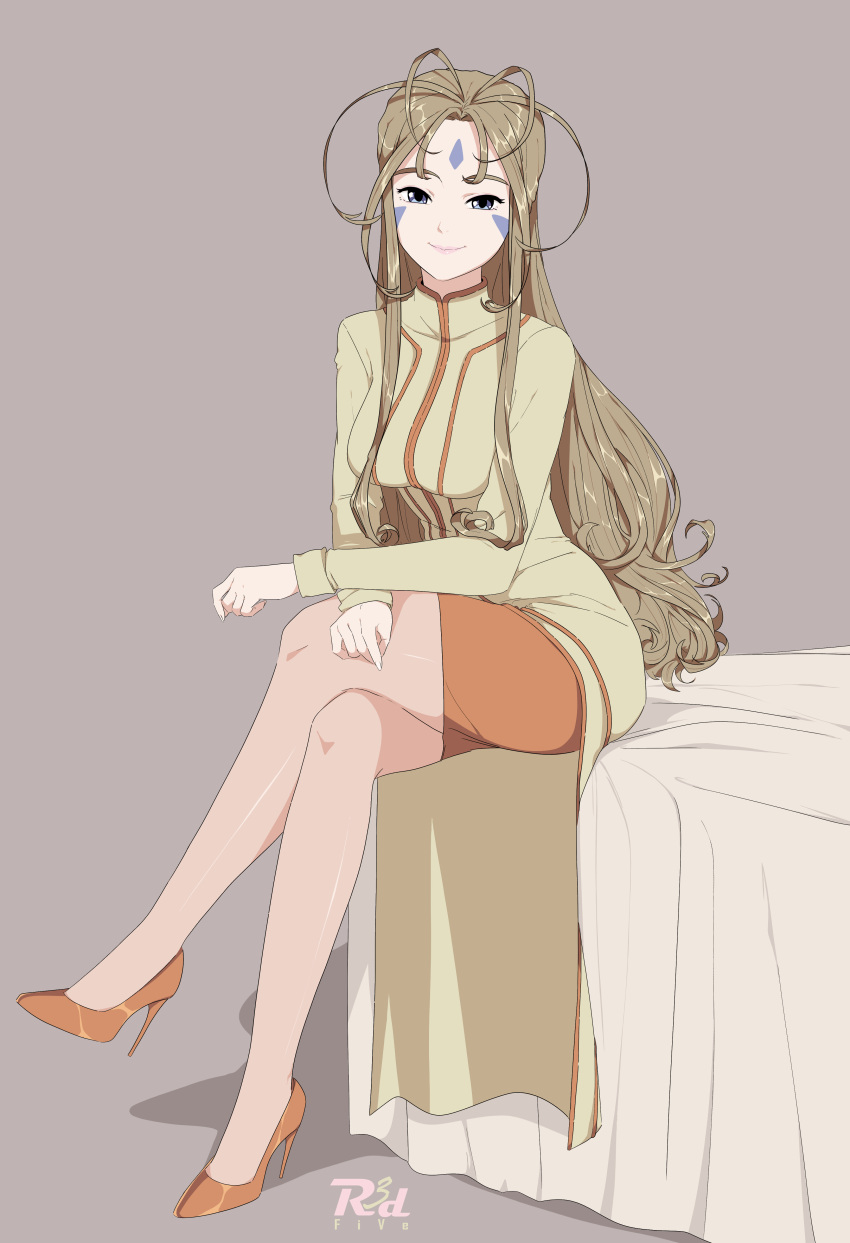 1girl aa_megami-sama absurdres antenna_hair bangs bed bed_sheet belldandy brown_hair closed_mouth facial_mark forehead_mark high_heels highres legs_crossed long_hair looking_at_viewer on_bed r3dfive simple_background sitting sitting_on_bed skirt smile solo thigh-highs thighs