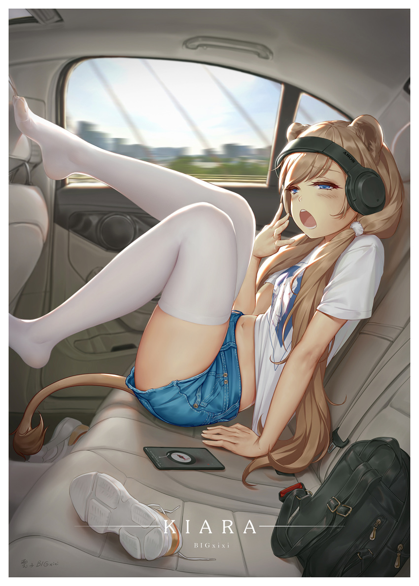 1girl :o animal_ears backpack bag blue_eyes blue_shorts brown_hair car car_interior cellphone commentary_request day denim denim_shorts feet ground_vehicle headphones highres legs_up low_twintails maou_renjishi monkey_ears monkey_tail motor_vehicle navel open_mouth original phone seatbelt shirt shoes_removed short_shorts shorts sleepy smartphone solo sony stomach tail teeth thigh-highs twintails upper_teeth vehicle_interior white_legwear white_shirt yawning