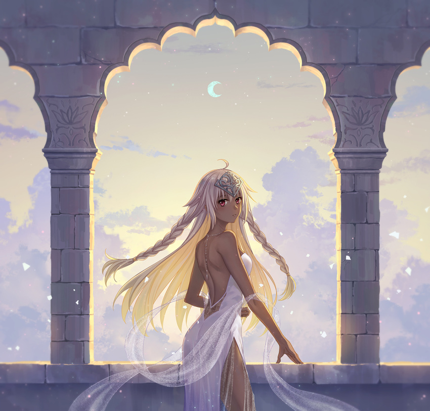 1girl ahoge backless_dress backless_outfit backlighting bare_shoulders blonde_hair blush braid brick_wall column dress elsa_(g557744) fate/grand_order fate_(series) grey_hair headpiece lakshmibai_(fate) long_hair looking_at_viewer parted_lips pillar red_eyes shoulder_blades side_slit solo tan twin_braids white_dress