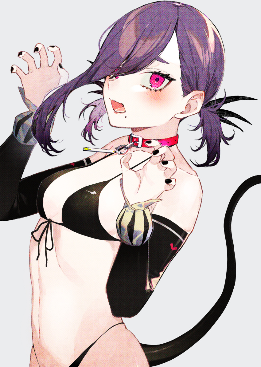 1girl absurdres bangs bare_shoulders belt_collar bikini black_bikini black_nails black_sleeves blush breasts claw_pose collar collarbone detached_sleeves front-tie_bikini front-tie_top grey_background hair_over_one_eye hands_up highres huge_filesize kayahara long_sleeves looking_at_viewer low_twintails medium_hair mole mole_under_mouth nail_polish navel open_mouth original pink_eyes purple_hair red_collar short_twintails simple_background small_breasts solo swept_bangs swimsuit tail twintails upper_body