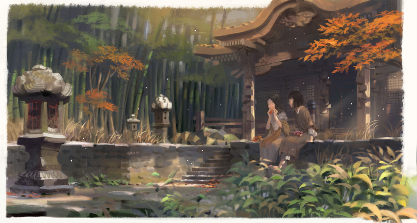 1boy 1girl absurdres architecture bamboo bamboo_forest bangs barefoot black_hair border brown_hair building closed_eyes commentary_request divine_child_of_rejuvenation east_asian_architecture eating forest highres japanese_clothes kimono kuro_the_divine_heir long_hair nature psi_(583278318) scenery sekiro:_shadows_die_twice sitting stairs stone_lantern tree white_border