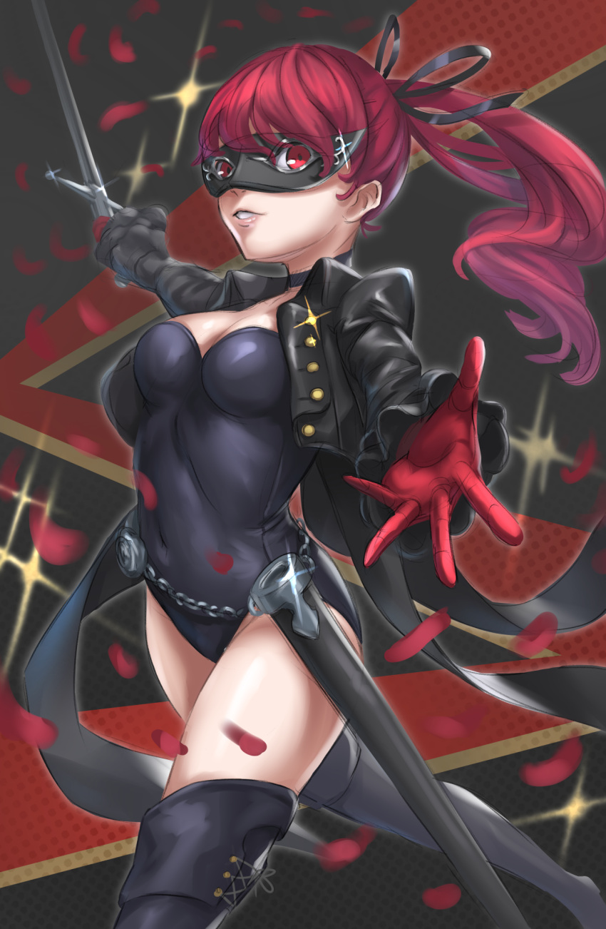 1girl black_footwear boots breasts choker cleavage covered_navel cropped_jacket gloves highres holding holding_sword holding_weapon jacket leotard long_hair looking_at_viewer mask medium_breasts mikazukiblue open_clothes open_jacket outstretched_arms parted_lips persona persona_5 persona_5_the_royal petals ponytail red_gloves redhead scabbard sheath solo spread_arms standing sword thigh-highs thigh_boots weapon yoshizawa_kasumi