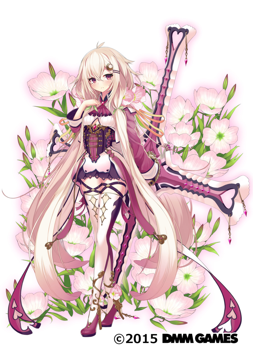 1girl blush copyright_name crescent crescent_hair_ornament dmm eyes_visible_through_hair floral_background flower flower_knight_girl full_body hair_between_eyes hair_flower hair_ornament hairclip hand_on_own_chest highres holding holding_weapon long_hair long_sleeves looking_at_viewer object_namesake oenothera_(flower_knight_girl) official_art pink_hair solo standing striped thigh-highs vertical_stripes very_long_hair violet_eyes weapon white_background yuui_hutabakirage