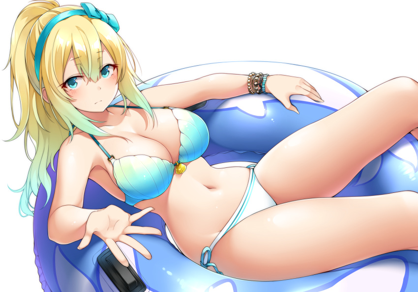 1girl aqua_hair bangle bangs bikini blonde_hair blue_eyes blue_hairband bracelet breasts cleavage eyebrows_visible_through_hair gradient_hair groin hair_between_eyes hairband hand_up highres innertube jewelry large_breasts long_hair looking_at_viewer matsunoki_(unknown_751) multicolored multicolored_bikini multicolored_clothes multicolored_hair navel original ponytail reclining sidelocks solo stomach swimsuit thighs