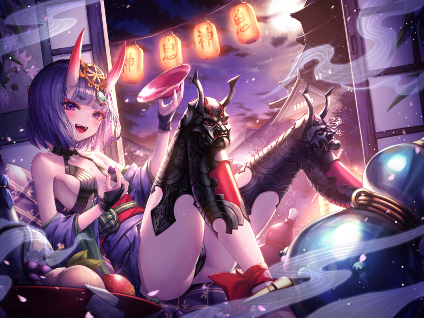 1girl absurdres apple bowl breasts chyopeuteu cleavage eyebrows_visible_through_hair fate/grand_order fate_(series) food fruit full_moon grapes highres holding holding_bowl horns indoors lantern looking_at_viewer moon night paper_lantern peach purple_hair short_hair shuten_douji_(fate/grand_order) sideboob sitting small_breasts solo thick_eyebrows translation_request violet_eyes water
