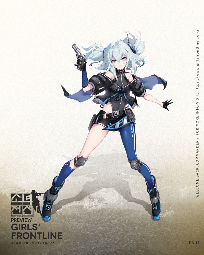 1girl asymmetrical_legwear bangs bare_shoulders black_gloves blue_eyes blue_hair blue_legwear boots breasts capelet clothes_writing cropped_jacket floating_hair full_body girls_frontline gloves grey_jacket grey_leotard grin gun hair_between_eyes hair_ornament handgun headgear highres holding holding_gun holding_weapon holster jacket knee_pads leotard mab_pa-15 miniskirt off_shoulder official_art pa-15_(girls_frontline) pistol sidelocks single_half_glove single_leg_pantyhose single_sock skirt small_breasts smile socks solo standing turtleneck watermark weapon