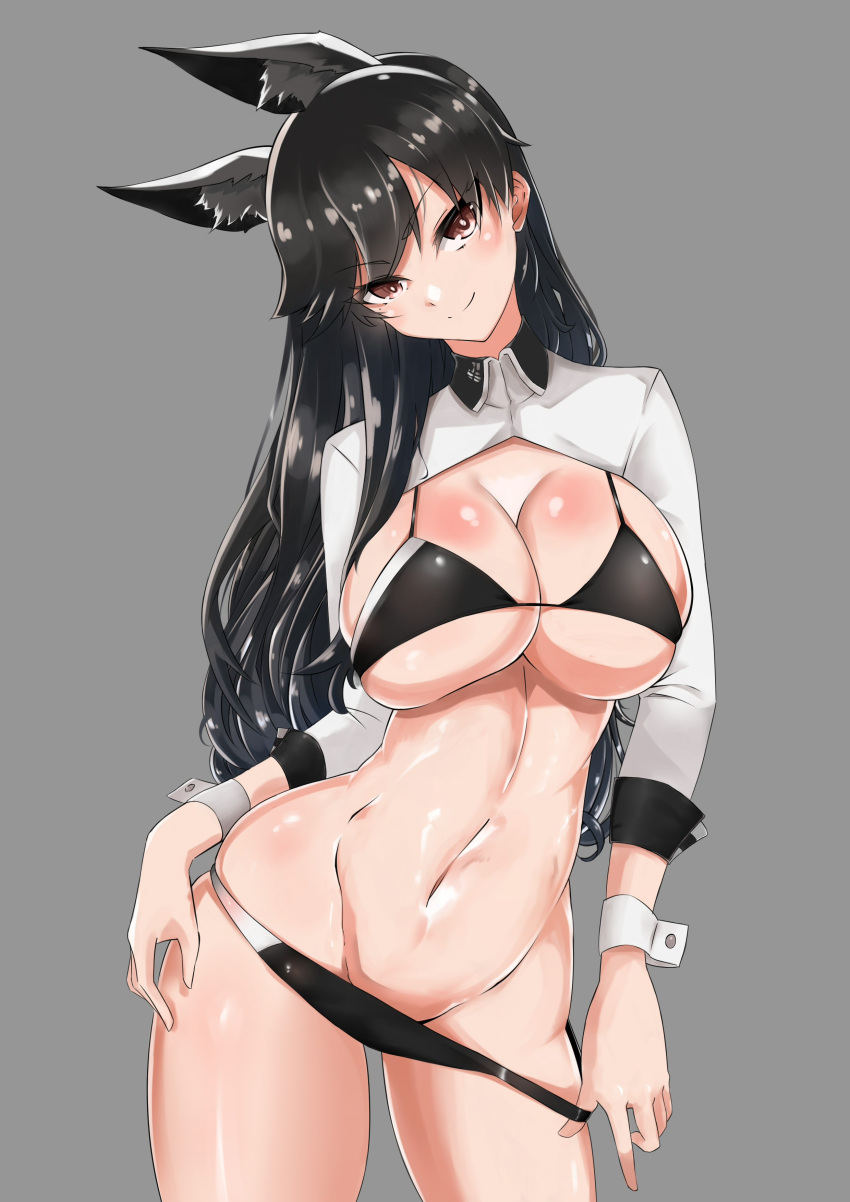 1girl absurdres alternate_costume animal_ear_fluff animal_ears atago_(azur_lane) azur_lane bangs bikini bikini_pull black_bikini black_hair blush breasts brown_eyes cleavage closed_mouth extra_ears eyebrows_visible_through_hair eyes_visible_through_hair grey_background groin hand_on_hip head_tilt highres large_breasts long_hair long_sleeves looking_at_viewer mole mole_under_eye navel noazzark pulled_by_self racequeen shiny shiny_skin shrug_(clothing) simple_background sleeves_rolled_up smile solo standing stomach swept_bangs swimsuit wing_collar wrist_cuffs