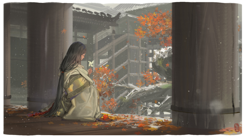 1girl alphonse_(white_datura) architecture autumn_leaves black_hair building closed_eyes day divine_child_of_rejuvenation east_asian_architecture from_behind highres japanese_clothes long_hair profile sekiro:_shadows_die_twice sitting snowing solo