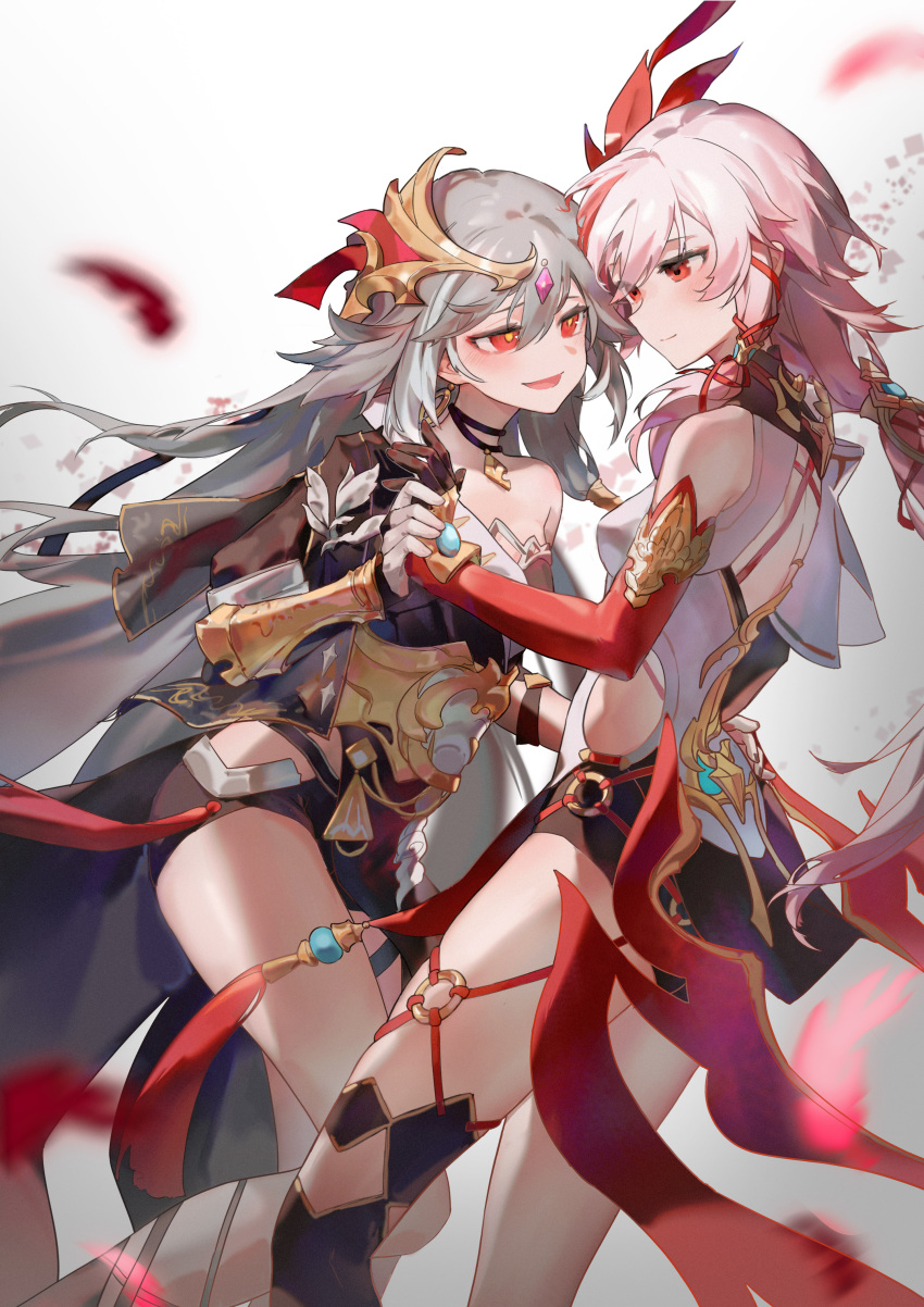 2girls :d absurdres bangs bare_shoulders black_choker black_hair breasts brown_gloves china_dress chinese_clothes choker closed_mouth dress dual_persona earrings elbow_gloves feathers fu_hua fu_hua_(herrscher_of_sentience) fu_hua_(phoenix) gloves hair_ornament highres holding_hands honkai_(series) honkai_impact_3rd jewelry long_hair looking_at_another multiple_girls open_mouth red_eyes red_gloves redhead simple_background single_earring small_breasts smile white_background white_dress white_gloves xiaoxiaoanye