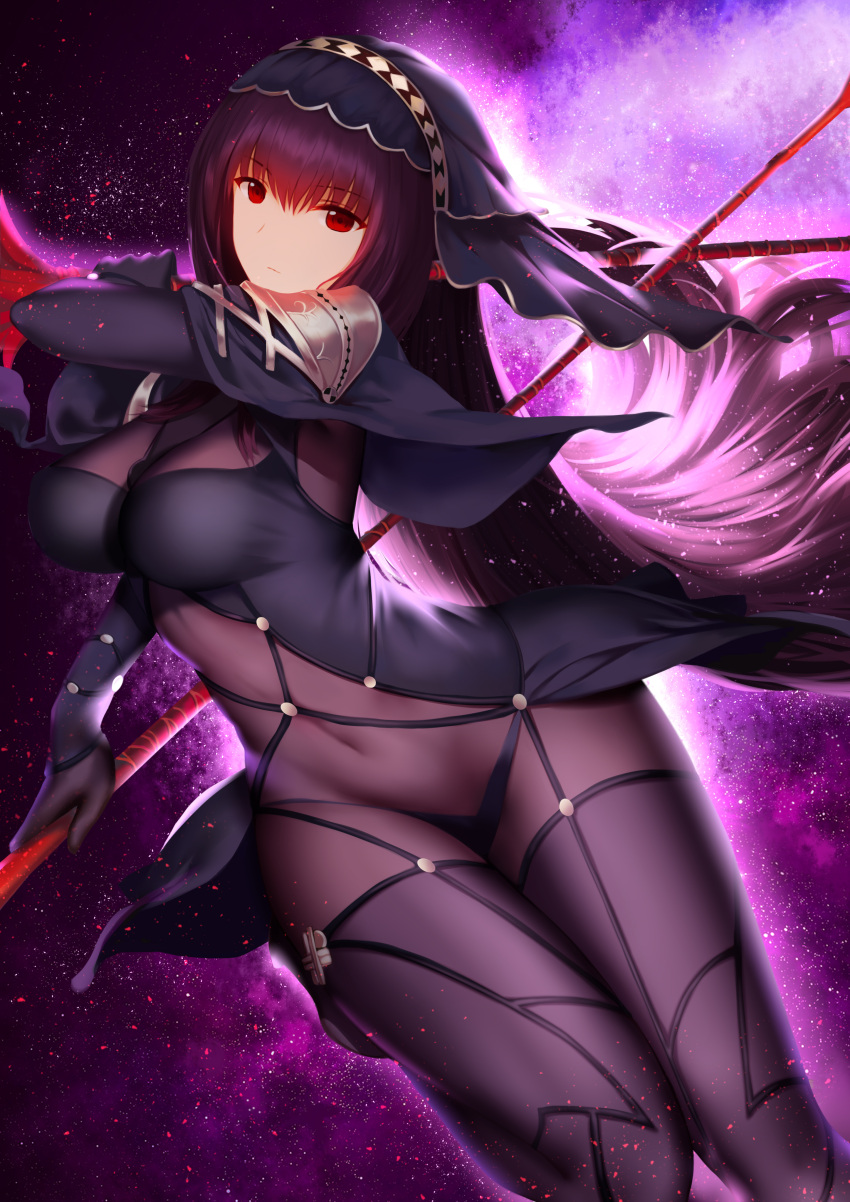 1girl absurdres bangs bodysuit breasts capelet covered_navel dress dual_wielding expressionless eyebrows_visible_through_hair fate/grand_order fate_(series) floating_hair gae_bolg glowing hair_between_eyes higandgk highres holding holding_spear holding_weapon large_breasts leg_up light_particles long_hair looking_at_viewer open_clothes pauldrons polearm purple_background purple_bodysuit purple_dress purple_hair red_eyes revision scathach_(fate)_(all) scathach_(fate/grand_order) shoulder_armor solo spear star thighs veil very_long_hair weapon