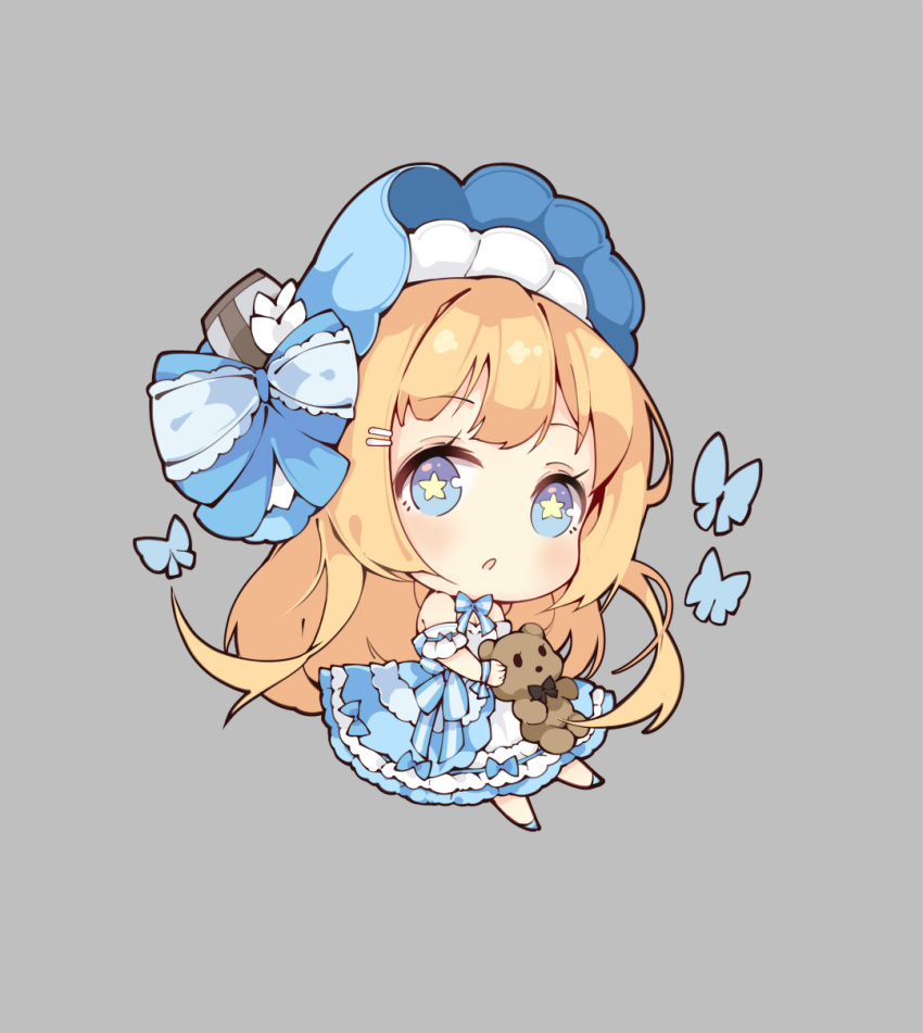 blonde_hair blue_eyes bug butterfly chibi hair_ornament hairpin hat highres insect lolita_fashion saratoga_(warship_girls_r) situmey star star-shaped_pupils stuffed_animal stuffed_toy symbol-shaped_pupils teddy_bear warship_girls_r