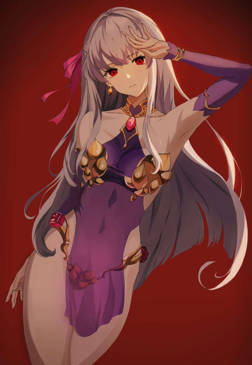 1girl absurdres armlet armor bangs bare_shoulders bikini_armor bracelet breasts covered_navel detached_sleeves dress earrings fate/grand_order fate_(series) hair_ribbon heejee8636 highres jewelry kama_(fate/grand_order) long_hair looking_at_viewer medium_breasts purple_dress red_background red_eyes ribbon silver_hair solo thighs