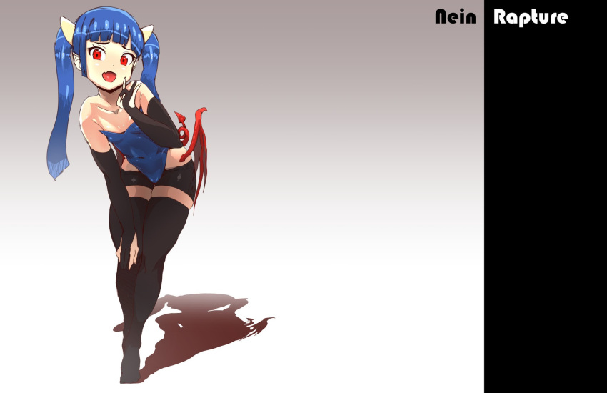 1girl bangs bare_shoulders black_gloves black_legwear blue_hair blue_leotard blunt_bangs bridal_gauntlets character_name commentary demon_girl demon_tail elbow_gloves english_commentary eraanthe fang flat_chest full_body gloves hand_on_own_knee highres horns laughing leaning_forward leotard looking_at_viewer low_wings lowleg lowleg_shorts no_shoes open_mouth original partly_fingerless_gloves pointy_ears red_eyes red_wings shadow short_shorts shorts solo tail thigh-highs wings
