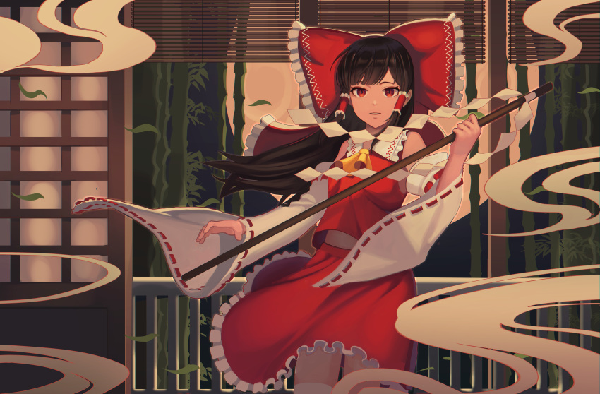 1girl absurdres bow breasts brown_hair detached_sleeves eyebrows_visible_through_hair goback hair_bow hair_tubes hakurei_reimu highres huge_filesize indoors kneehighs long_hair long_sleeves looking_at_viewer parted_lips railing red_bow red_eyes small_breasts smile smoke solo touhou white_legwear