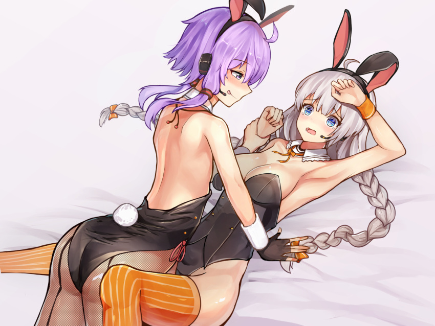 2girls :q alternate_costume animal_ears armpits ass bare_shoulders black_leotard blue_eyes blush braid breasts bunny_tail bunnysuit cleavage commentary_request detached_collar embarrassed fingerless_gloves fishnet_pantyhose fishnets gloves groin hand_up headset holding_another's_arm kizuna_akari leaning_forward leotard leotard_pull long_hair looking_at_another lying medium_breasts microphone multiple_girls on_back orange_legwear pantyhose pinned purple_hair rabbit_ears se-u-ra silver_hair small_breasts striped striped_legwear tail tears thigh-highs tongue tongue_out twin_braids twintails vertical-striped_legwear vertical_stripes very_long_hair vocaloid voiceroid you_gonna_get_raped yuri yuzuki_yukari