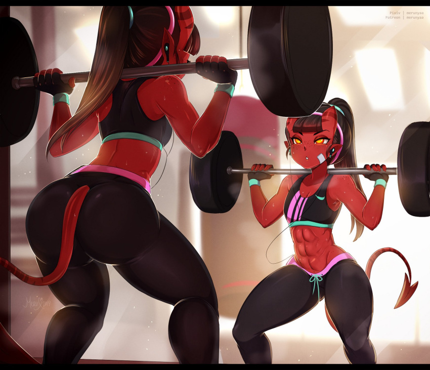 1girl 2019 abs artist_name ass bangs barbell bare_shoulders black_gloves blunt_bangs brown_hair commentary demon_girl demon_tail earphones english_commentary exercise fingerless_gloves freckles gloves highres indoors letterboxed long_hair meruccubus_(merunyaa) merunyaa midriff mirror muscle muscular_female orange_eyes original pants pointy_ears ponytail red_skin reflection solo sports_bra tail weightlifting yoga_pants