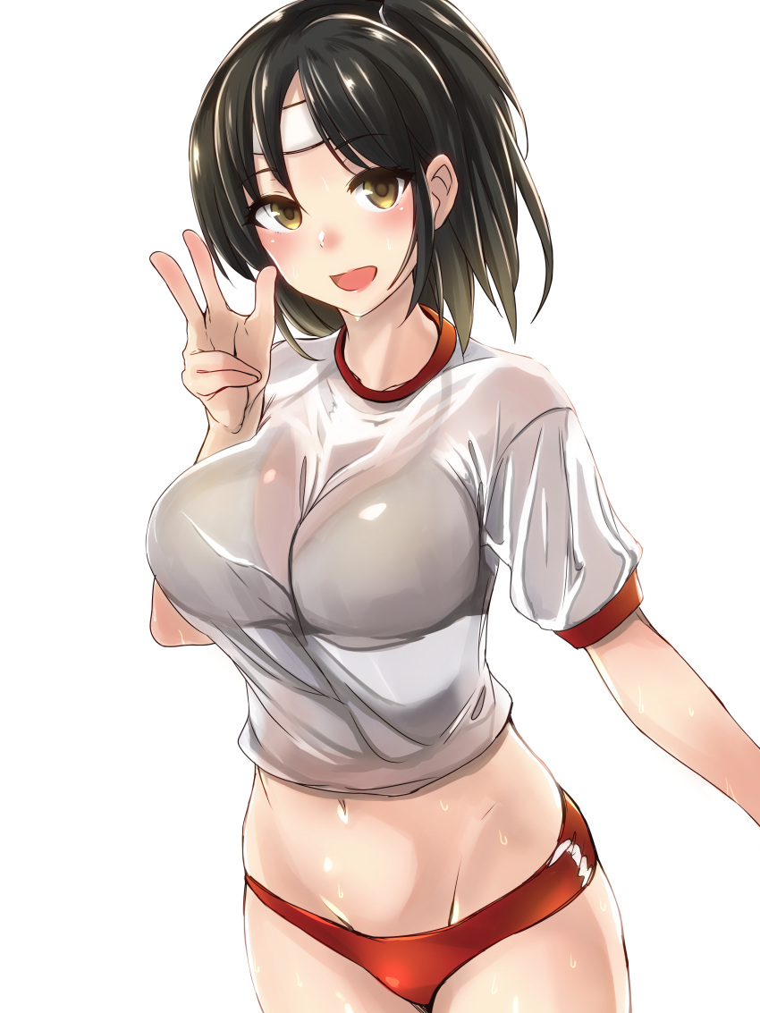1girl absurdres black_hair bra_through_clothes brown_eyes commentary_request cowboy_shot eureka_(eureka-0075) headband highres kantai_collection looking_at_viewer nagara_(kantai_collection) open_mouth shirt short_hair short_sleeves simple_background solo w white_background white_shirt