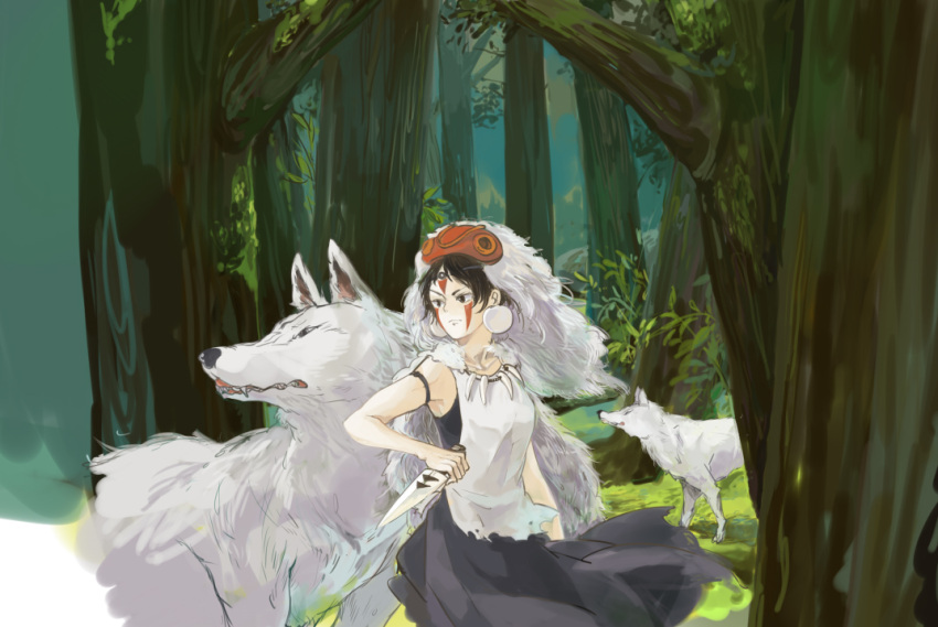 1girl animal bare_arms breasts brown_hair commentary_request dress earrings facepaint facial_mark fur headband jewelry knife mask mononoke_hime necklace san short_hair tooth_necklace wolf