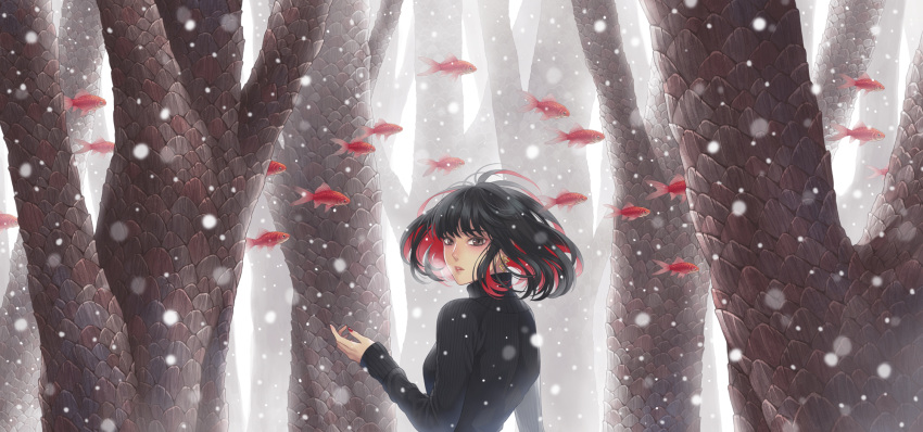 1girl animal bangs bare_tree black_hair black_sweater bob_cut breasts brown_eyes colored_inner_hair commentary earrings fish flying_fish from_behind goldfish highres jewelry long_sleeves looking_at_viewer looking_back minami_(minami373916) multicolored_hair original outstretched_hand parted_lips red_nails redhead ribbed_sweater scales school_of_fish short_hair sleeves_past_wrists snowing solo surreal sweater tree turtleneck turtleneck_sweater two-tone_hair upper_body winter