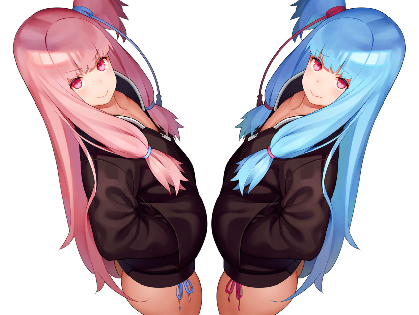 2girls ass blue_hair commentary_request eyebrows_visible_through_hair go_robots hair_ornament highres kotonoha_akane kotonoha_aoi long_hair long_sleeves looking_at_viewer multiple_girls one_side_up panties pink_eyes pink_hair side-tie_panties simple_background smile underwear very_long_hair vocaloid voiceroid white_background