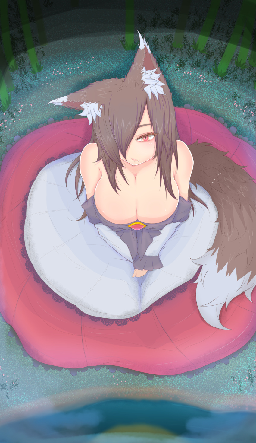 1girl animal_ear_fluff animal_ears bamboo bare_shoulders breasts brooch brown_hair cleavage commentary_request cube85 dress fang_out from_above grass hair_over_one_eye highres imaizumi_kagerou jewelry large_breasts long_hair long_sleeves looking_at_viewer off-shoulder_dress off_shoulder own_hands_together red_eyes shadow solo tail touhou v_arms white_dress wolf_ears wolf_tail