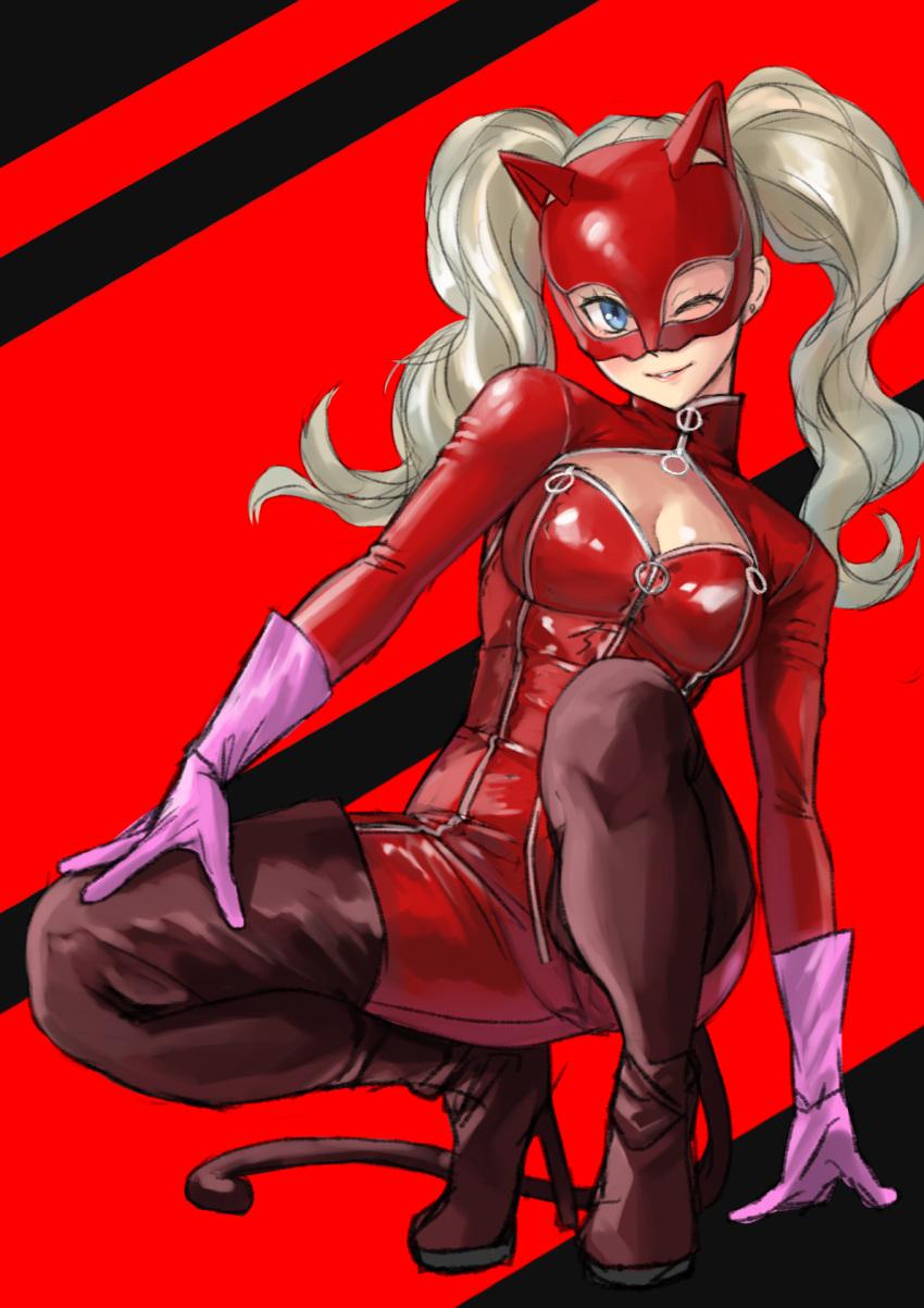 1girl animal_ears blonde_hair blue_eyes bodysuit boots breasts cat_ears cat_tail cleavage earrings full_body gloves high_heel_boots high_heels highres jewelry kilye_4421 latex latex_bodysuit lips long_hair looking_at_viewer mask medium_breasts parted_lips persona persona_5 pink_gloves red_bodysuit red_footwear shiny shiny_clothes simple_background skin_tight smile solo squatting tail takamaki_anne thigh-highs thigh_boots twintails