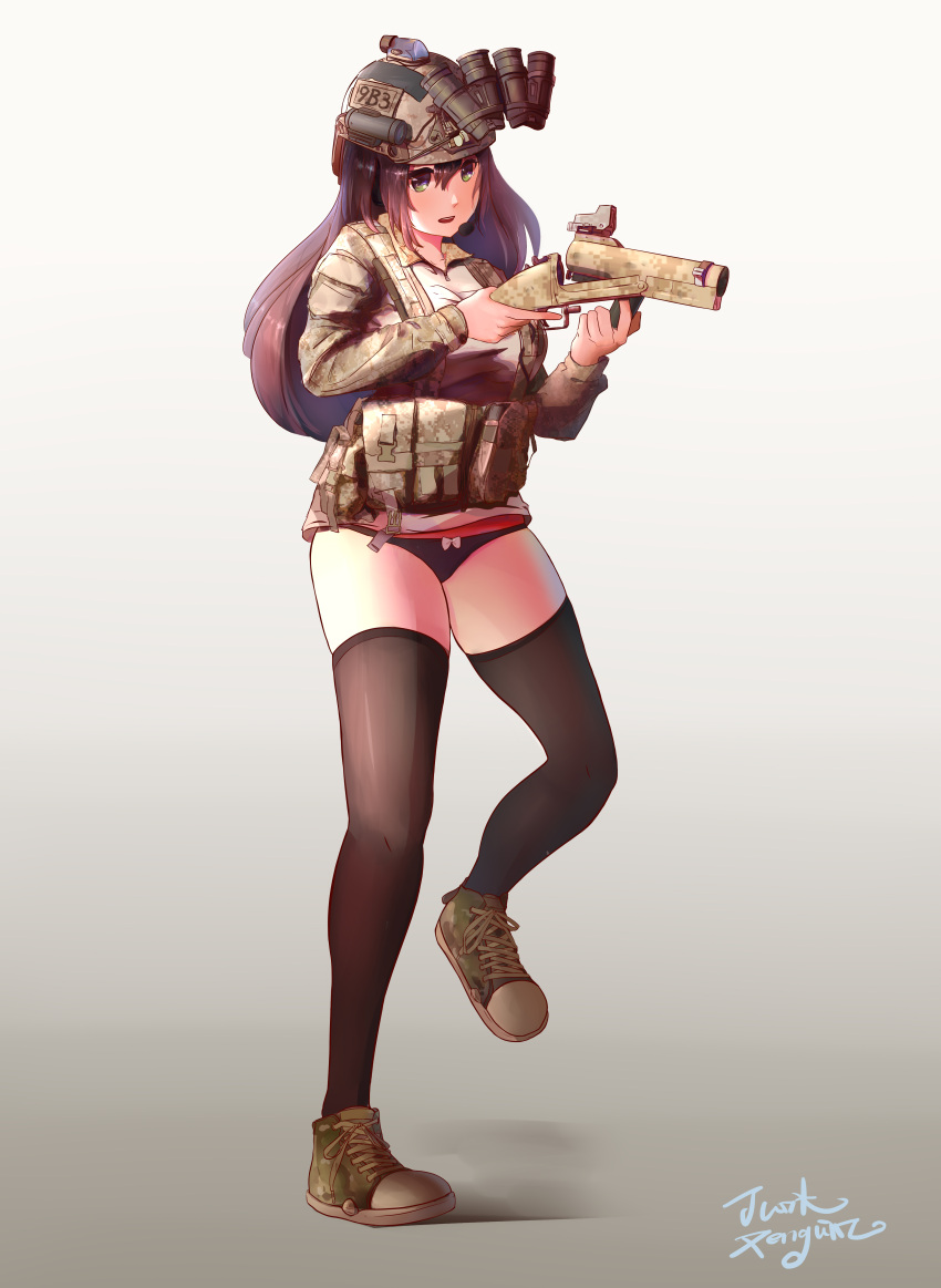 1girl absurdres black_hair black_panties camouflage commentary english_commentary full_body gradient gradient_background green_eyes grenade_launcher gun headset helmet highres holding holding_gun holding_weapon load_bearing_equipment long_hair m79 military no_pants original panties shoes skindentation sneakers solo thigh-highs underwear weapon xiao_po_qie