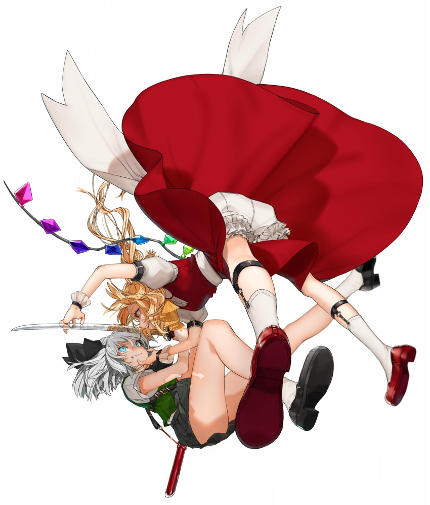 2girls :d ascot ass bangs belt black_belt black_neckwear black_ribbon black_skirt blonde_hair blood blood_from_mouth bloomers blue_eyes breasts clenched_teeth commentary eye_contact face-to-face fang flandre_scarlet full_body glowing glowing_eyes gotoh510 green_skirt green_vest hair_between_eyes hair_ribbon highres holding holding_sword holding_weapon katana konpaku_youmu leg_strap leg_up looking_at_another miniskirt multiple_girls neck_ribbon no_hat no_headwear open_mouth profile puffy_short_sleeves puffy_sleeves red_eyes red_footwear red_skirt red_vest reflection ribbon shirt shoes short_hair short_sleeves silver_hair simple_background skirt skirt_set small_breasts smile socks sword teeth thighs touhou underwear v-shaped_eyebrows vest weapon white_background white_bloomers white_legwear white_shirt wrist_cuffs yellow_neckwear