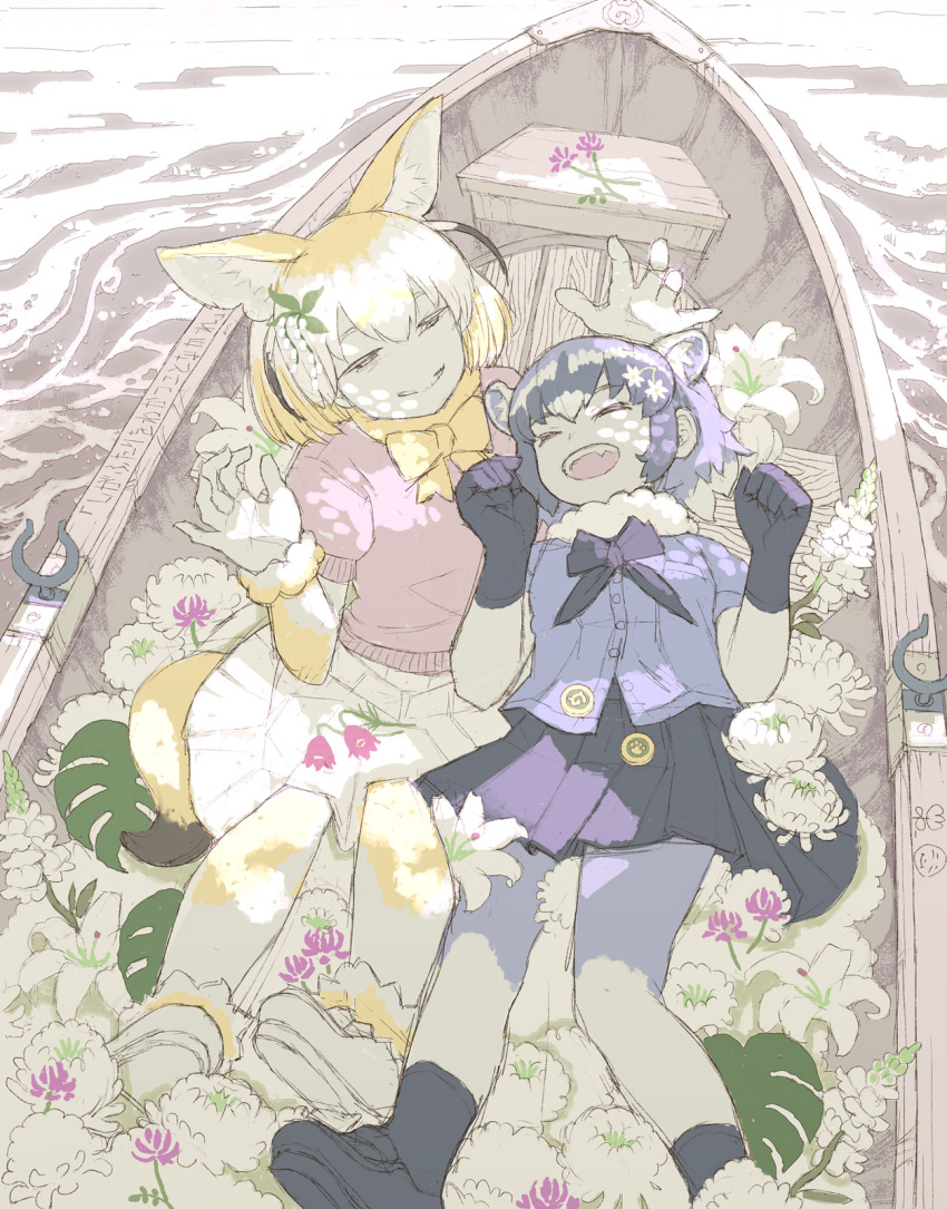 2girls animal_ears black_hair blonde_hair boat bow bowtie buttons catcar0983 closed_eyes commentary_request common_raccoon_(kemono_friends) dappled_sunlight day extra_ears facing_another fang fennec_(kemono_friends) flower fox_ears fox_tail from_above fur-trimmed_sleeves fur_collar fur_trim gloves grey_hair grin hair_flower hair_ornament half-closed_eyes hands_up highres kemono_friends long_sleeves looking_at_another lying multicolored_hair multiple_girls on_back open_mouth outdoors pink_sweater raccoon_ears shirt short_over_long_sleeves short_sleeves sketch skirt smile sunlight sweater tail thigh-highs two-tone_hair water watercraft white_hair