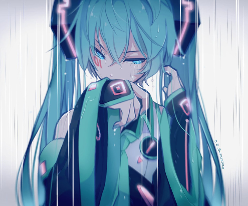 1girl aqua_eyes aqua_hair bare_shoulders blurry commentary depth_of_field detached_sleeves dripping facial_tattoo hair_behind_ear hair_ornament half-closed_eyes hand_to_own_mouth hatsune_miku head_tilt highres looking_to_the_side necktie rain shirt sleeveless sleeveless_shirt sleeves solo tattoo tsurime twintails vocaloid wanaxtuco wet