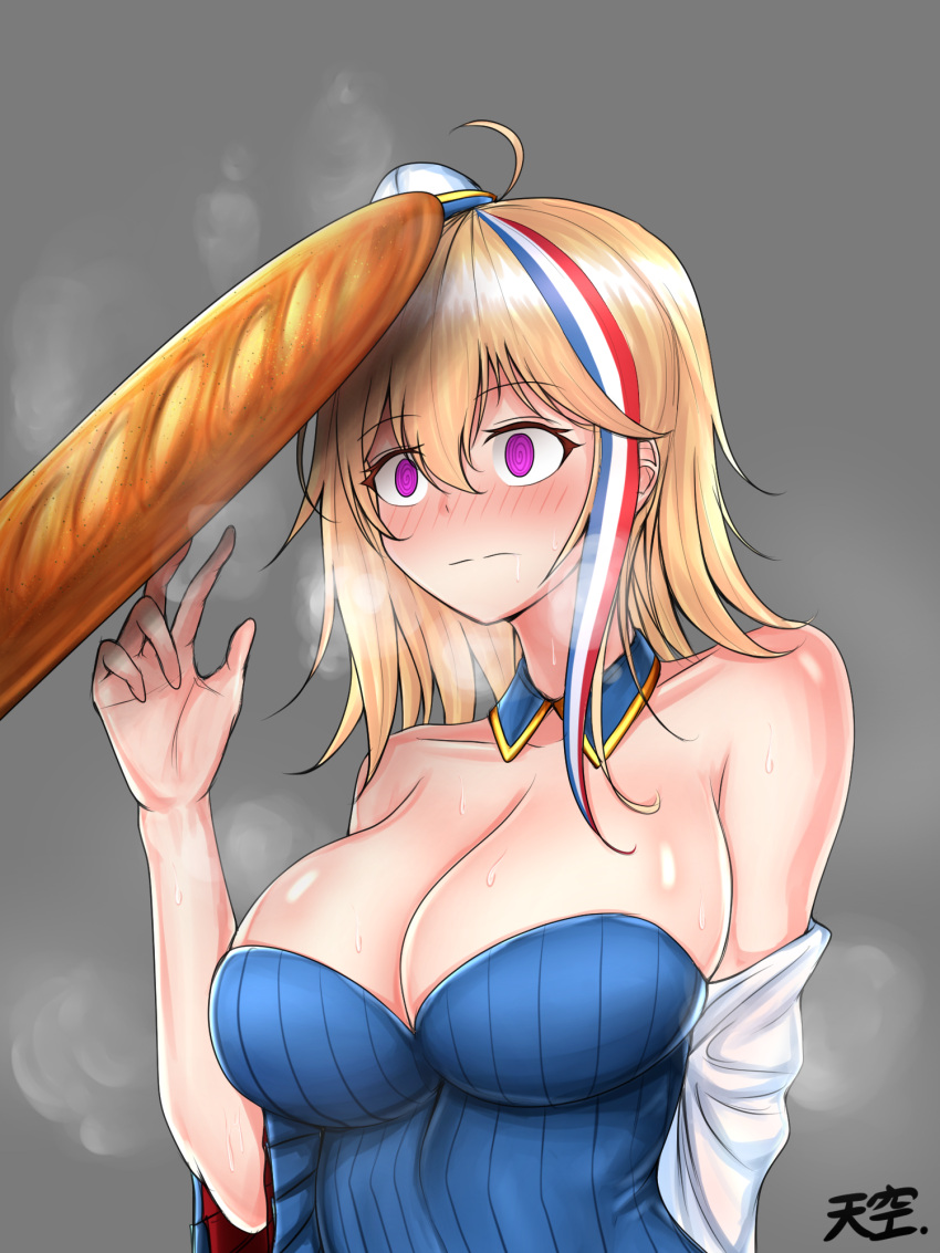 1girl @_@ ahoge baguette bangs blonde_hair blue_hair blush bread breasts chauchat_(girls_frontline) cleavage closed_mouth detached_collar dress drooling eyebrows_visible_through_hair food girls_frontline gradient gradient_background hand_up hat highres large_breasts mini_hat off_shoulder ribbed_dress sidelocks signature simple_background sweat tiankong upper_body