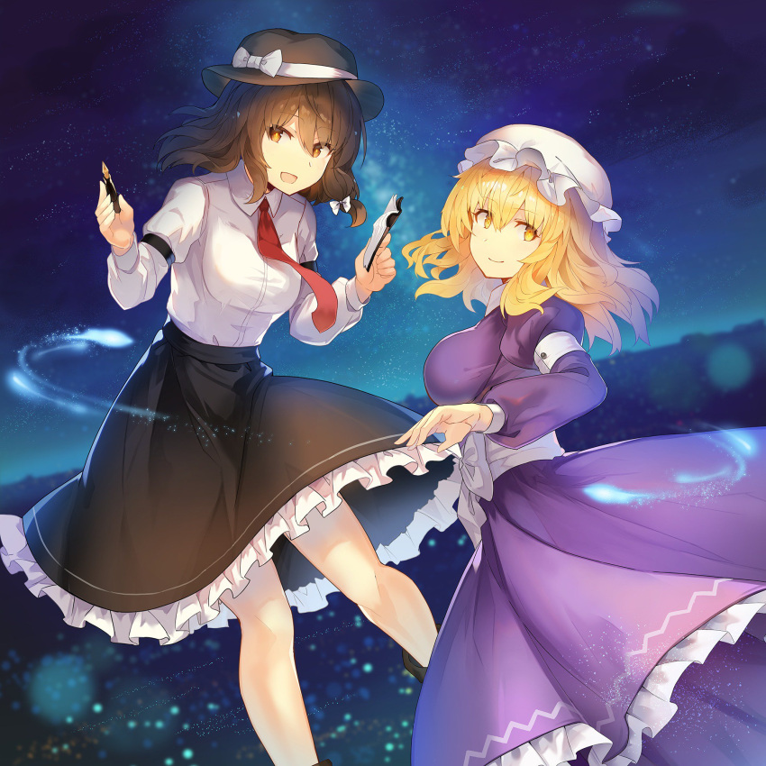 2girls :d bangs black_headwear black_skirt blonde_hair book bow breasts brown_eyes brown_hair commentary_request dress eyebrows_visible_through_hair fedora feet_out_of_frame frills hair_between_eyes hands_up hat hat_bow highres holding holding_book holding_pen juliet_sleeves large_breasts long_sleeves looking_at_viewer maribel_hearn medium_breasts mob_cap multiple_girls necktie night night_sky open_mouth outdoors pen puffy_sleeves purple_dress red_neckwear rin_falcon sash shirt short_hair skirt sky smile star_(sky) starry_sky touhou usami_renko white_bow white_headwear white_sash white_shirt yellow_eyes
