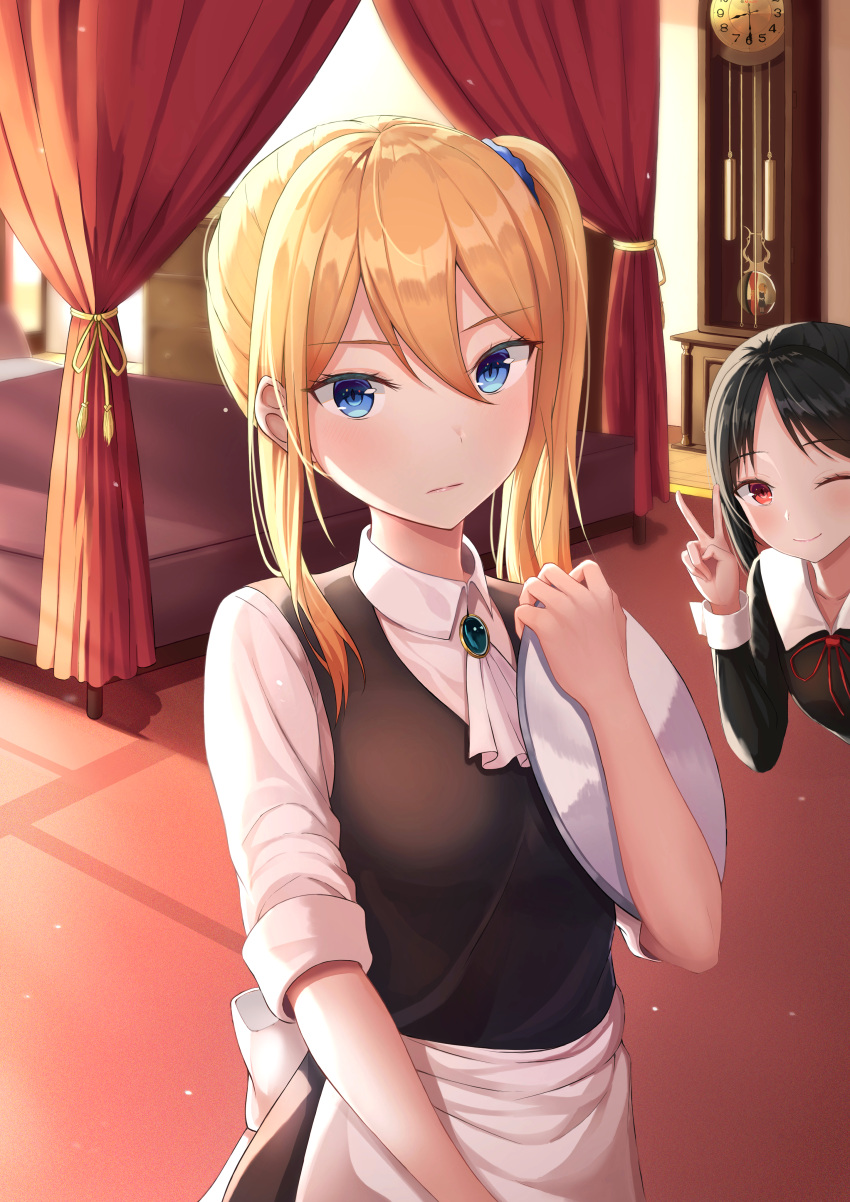 2girls :| absurdres apron arm_up ascot bangs bed black_dress black_hair blonde_hair blue_eyes blue_scrunchie breasts clock closed_mouth collarbone day dress dress_shirt eyebrows_visible_through_hair grandfather_clock hair_between_eyes hair_ornament hair_scrunchie hayasaka_ai highres holding holding_tray huge_filesize indoors kaguya-sama_wa_kokurasetai_~tensai-tachi_no_renai_zunousen~ kms3856 lips long_sleeves medium_breasts multiple_girls one_eye_closed parted_bangs red_eyes red_ribbon ribbon school_uniform scrunchie serious shadow shinomiya_kaguya shiny shiny_hair shirt side_ponytail slit_pupils small_breasts smile sunlight tray upper_body v waist_apron white_apron white_shirt