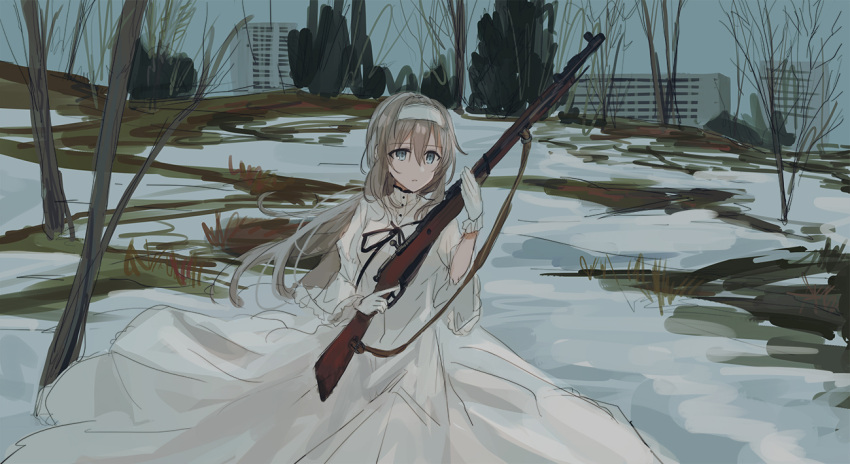 1girl bangs bare_tree blue_eyes blue_sky brown_hair building chihuri day dress eyebrows_visible_through_hair gloves gun hair_between_eyes hairband holding holding_gun holding_weapon juliet_sleeves long_hair long_sleeves looking_away looking_to_the_side original outdoors parted_lips puffy_sleeves rifle sketch sky snow solo tree very_long_hair weapon white_dress white_gloves white_hairband wide_sleeves