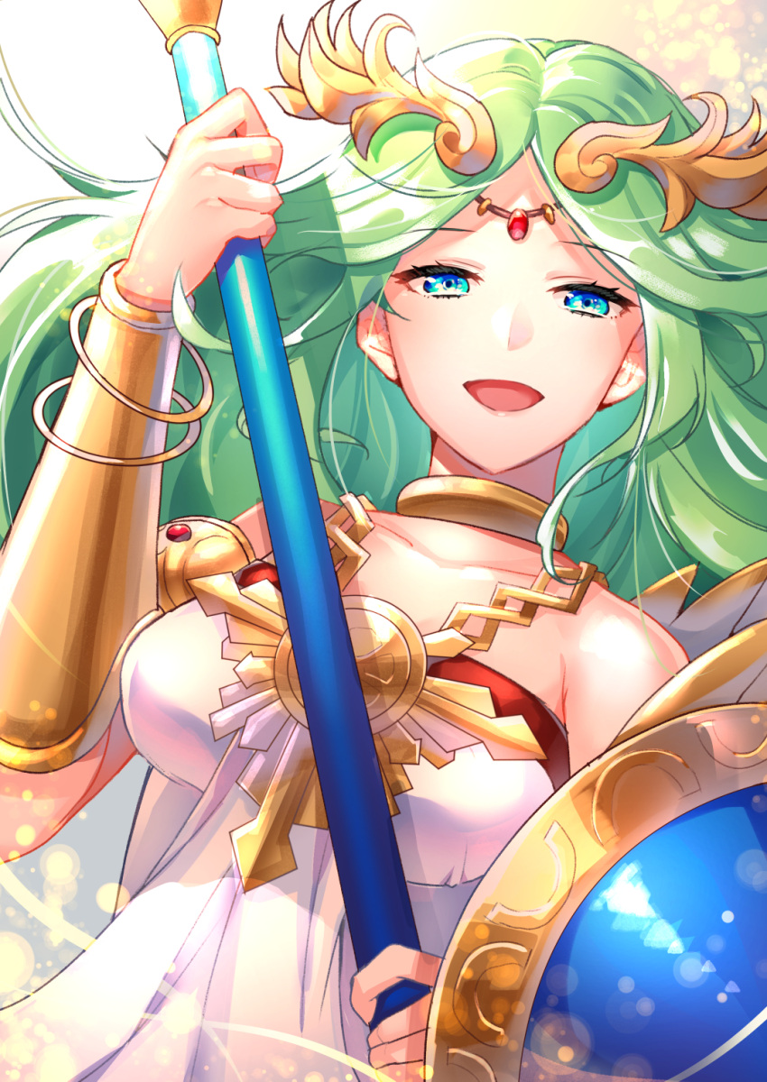 1girl :d bangs bare_shoulders blue_eyes bracelet bracer breasts circlet collarbone dress eyebrows_visible_through_hair goddess green_hair hand_up highres holding holding_staff jewelry kid_icarus long_hair looking_at_viewer medium_breasts neck_ring necklace nintendo open_mouth palutena parted_bangs shield smile solo staff strapless strapless_dress upper_body white_dress yuduki_(tt-yuduki)
