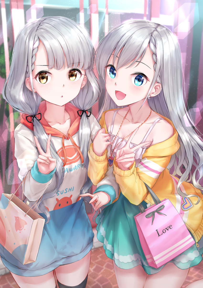 2girls :d :o arm_hug bag bangs black_legwear black_ribbon blue_eyes blue_skirt blurry blurry_background blush braid brown_eyes casual clothes_writing commentary_request day depth_of_field drawstring earrings eyebrows_visible_through_hair glint green_skirt hair_ribbon hand_up heart heart_necklace highres hisakawa_hayate hisakawa_nagi hood hood_down hoodie idolmaster idolmaster_cinderella_girls idolmaster_cinderella_girls_starlight_stage jacket jewelry kachayori long_hair long_sleeves looking_at_viewer low_twintails multiple_girls necklace off-shoulder_shirt off_shoulder open_clothes open_jacket open_mouth outdoors paper_bag parted_lips print_hoodie ribbon shirt shopping_bag siblings silver_hair sisters skirt smile standing thigh-highs twins twintails v very_long_hair white_hoodie white_shirt yellow_jacket