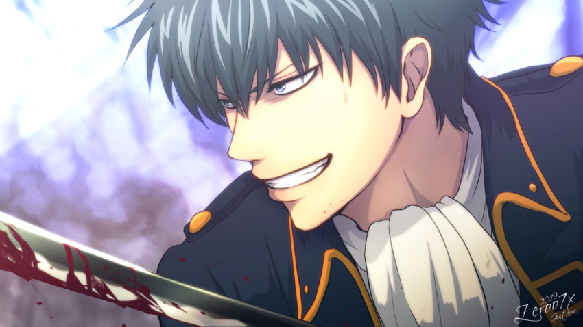 1boy black_hair black_jacket blood bloody_weapon blue_eyes gintama grin hair_between_eyes hijikata_toushirou jacket male_focus military_jacket open_clothes open_jacket shinsengumi_(gintama) shiny shiny_hair smile solo sword weapon white_neckwear zeroo7x