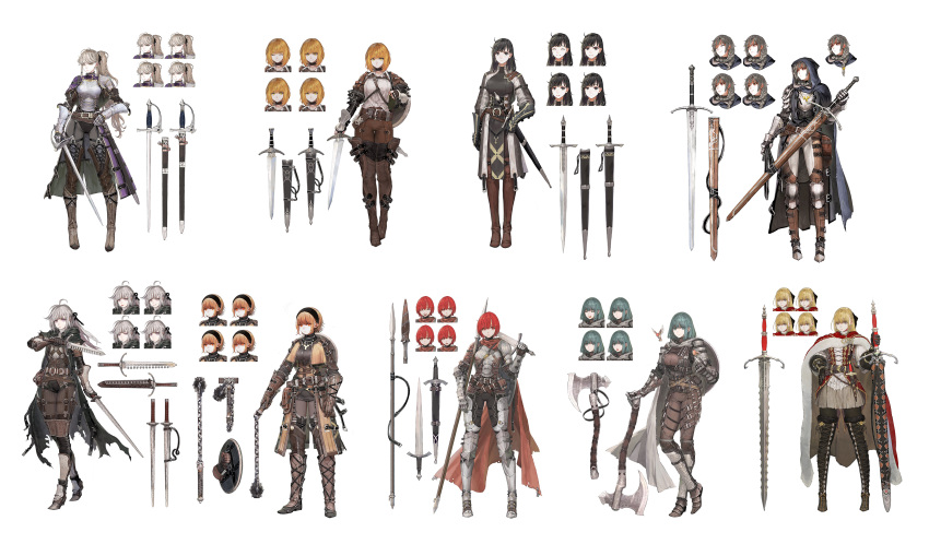 6+girls absurdres armor axe black_hair blonde_hair blue_hair cape dagger flail fur_cape gauntlets gloves greaves highres holding holding_axe holding_dagger holding_knife holding_shield holding_spear holding_sword holding_weapon knife long_sword multiple_girls original pauldrons polearm rapier redhead shield spear sword swordbreaker_(weapon) uniform weapon white_hair zweihander