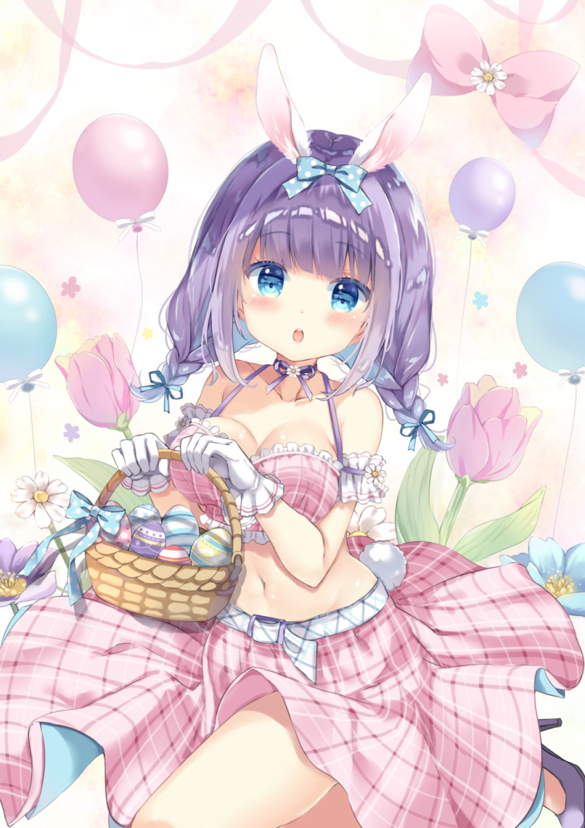 1girl :o animal_ear_fluff animal_ears balloon bangs bare_shoulders basket blue_bow blue_eyes blue_flower blue_ribbon blush bow braid breasts bunny_girl bunny_tail collarbone commentary_request crop_top easter easter_egg egg eyebrows_visible_through_hair flower frills gloves hair_bow hair_ribbon high_heels highres holding holding_basket large_breasts long_hair looking_at_viewer low_twintails original pale_color parted_lips pastel_colors pink_bow pink_flower pink_skirt plaid plaid_skirt polka_dot polka_dot_bow purple_flower purple_footwear purple_hair rabbit_ears ribbon saeki_sora shoes short_twintails signature skirt solo tail twin_braids twintails upper_teeth white_flower white_gloves